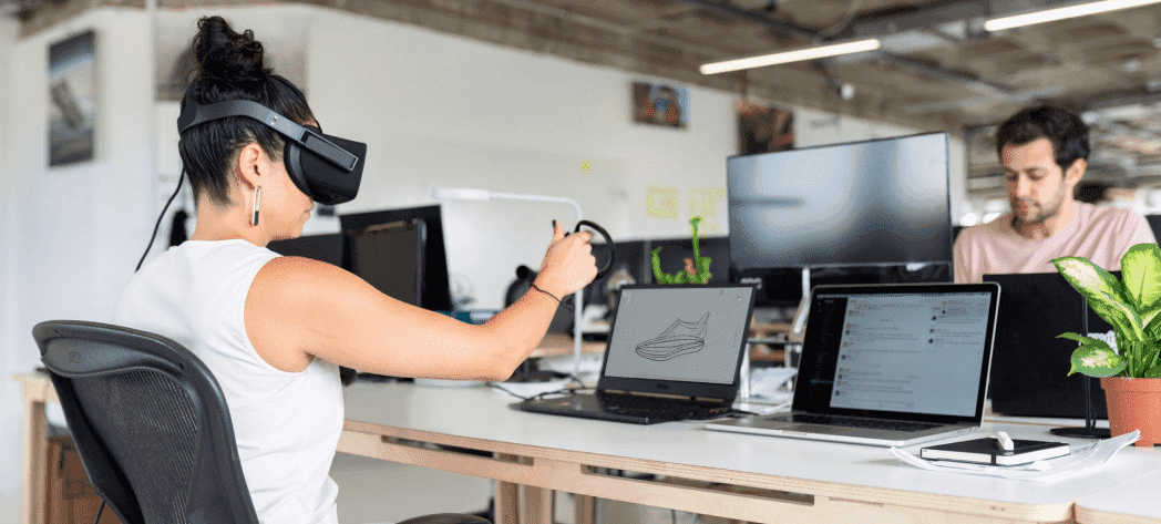 Person using VR headset in office